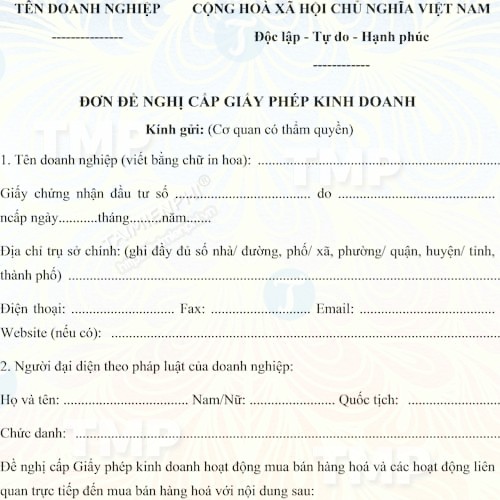 Mẫu đơn đề nghị cấp giấy phép kinh doanh