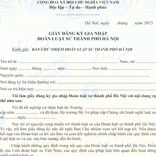 Mẫu giấy đăng ký gia nhập đoàn luật sư thành phố Hà Nội