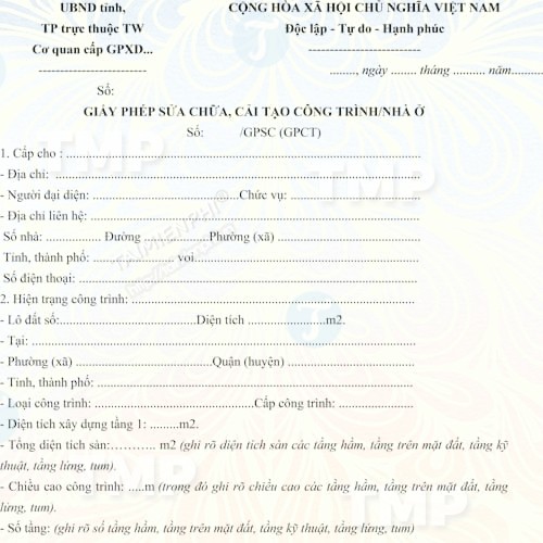 Mẫu giấy phép sửa chữa, cải tạo công trình nhà ở