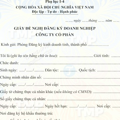 Mẫu giấy đề nghị đăng ký thành lập công ty cổ phần