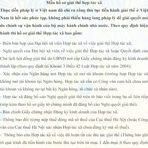 Mẫu hồ sơ giải thể hợp tác xã