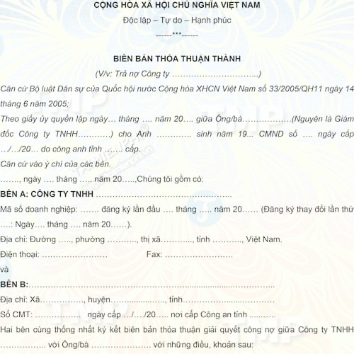 Mẫu biên bản thỏa thuận thành về việc trả nợ