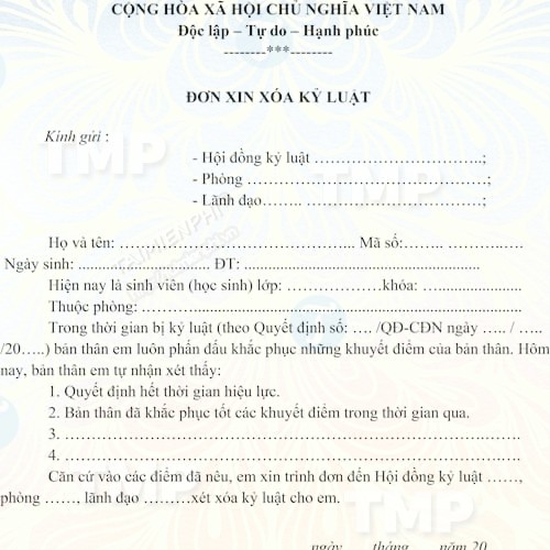 Mẫu đơn xin xóa kỷ luật