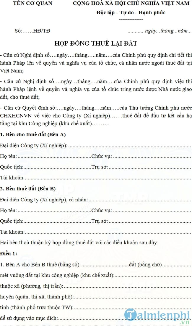 Mẫu hợp đồng thuê lại đất