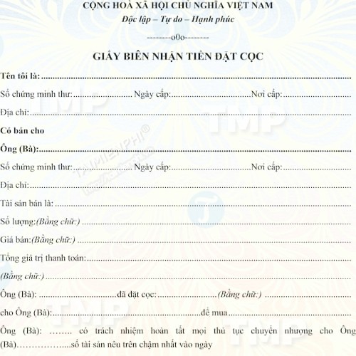 Mẫu giấy biên nhận, đặt cọc