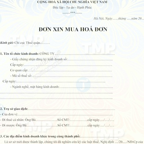 Mẫu đơn xin mua hoá đơn