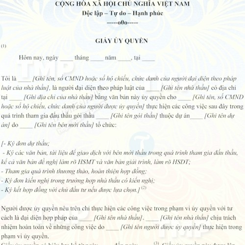 Mẫu giấy ủy quyền trong hồ sơ mời thầu xây lắp