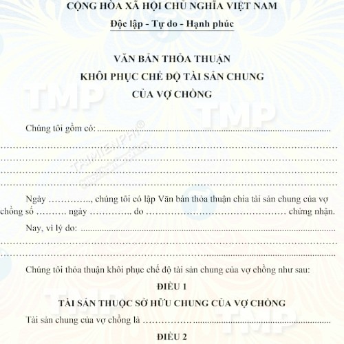 Văn bản thỏa thuận khôi phục chế độ tài sản chung của vợ chồng