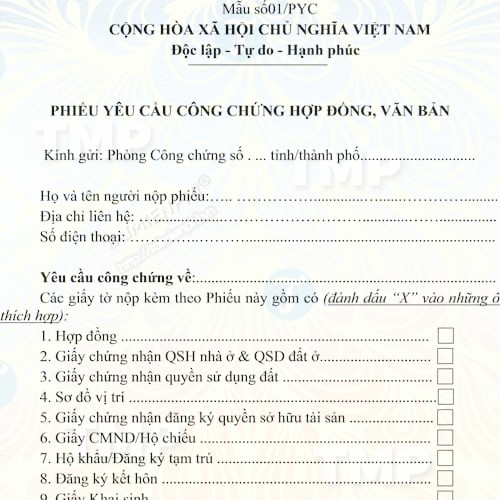 Phiếu yêu cầu công chứng hợp đồng, văn bản