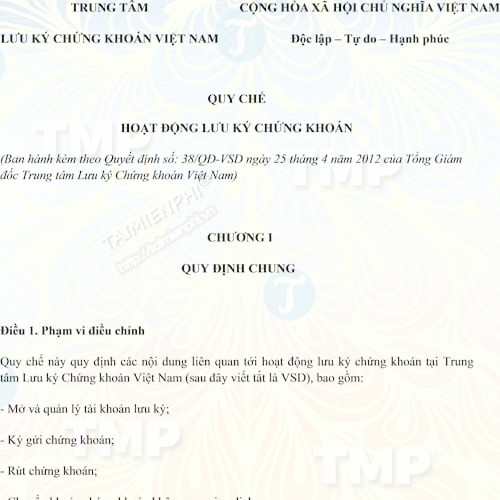 Mẫu quy chế hoạt động lưu ký chứng khoán