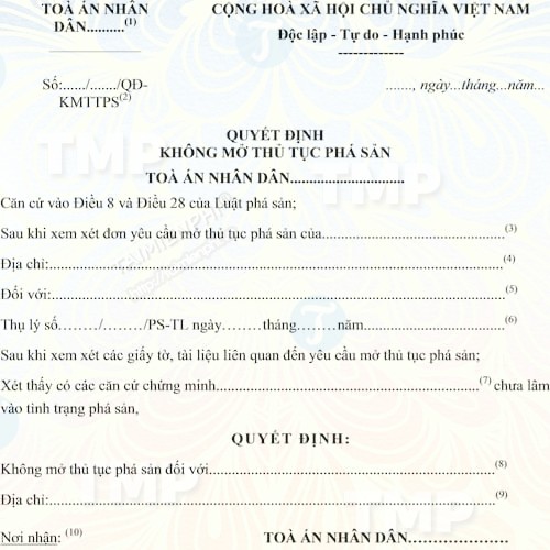 Mẫu quyết định không mở thủ tục phá sản