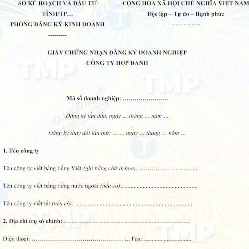 Mẫu giấy chứng nhận đăng ký doanh nghiệp công ty hợp danh