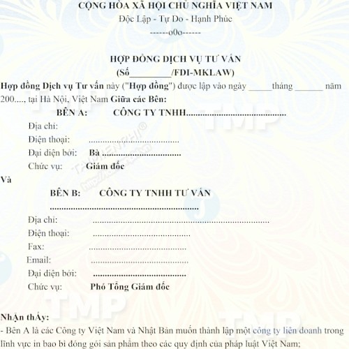 Mẫu hợp đồng dịch vụ tư vấn thành lập liên doanh