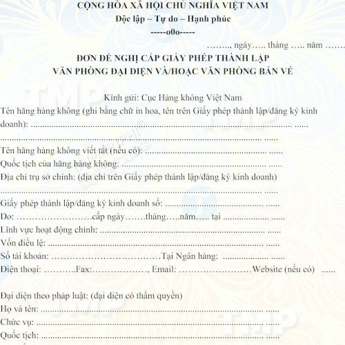 Đơn đề nghị thành lập phòng bán vé máy bay