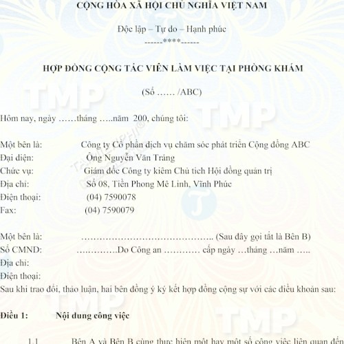 Hợp đồng cộng tác viên làm việc tại phòng khám