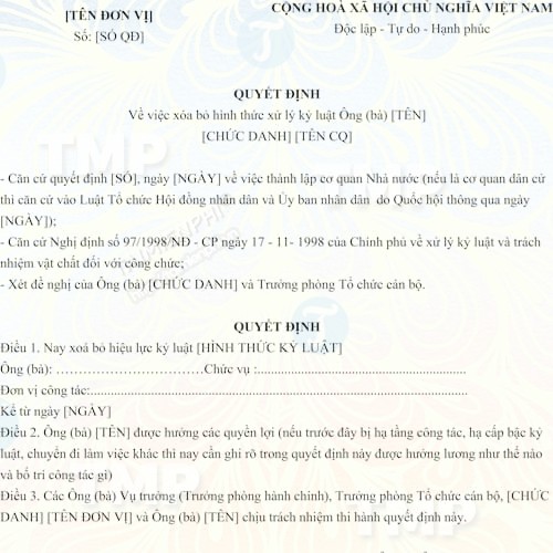 Mẫu quyết định xóa bỏ hình thức kỷ luật