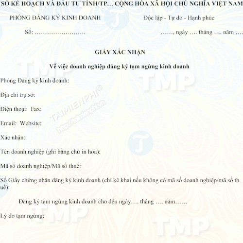 Mẫu giấy xác nhận doanh nghiệp tạm ngừng kinh doanh mới
