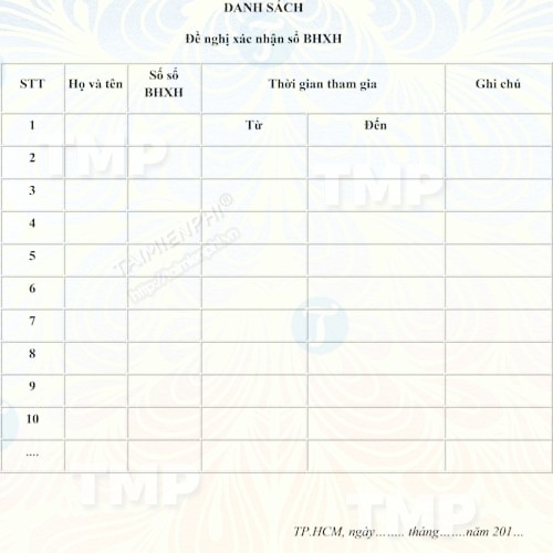 Danh sách đề nghị xác nhận sổ Bảo hiểm xã hội