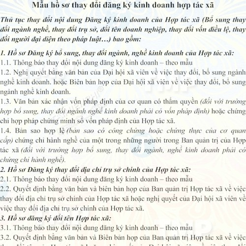 Mẫu hồ sơ thay đổi đăng ký kinh doanh hợp tác xã