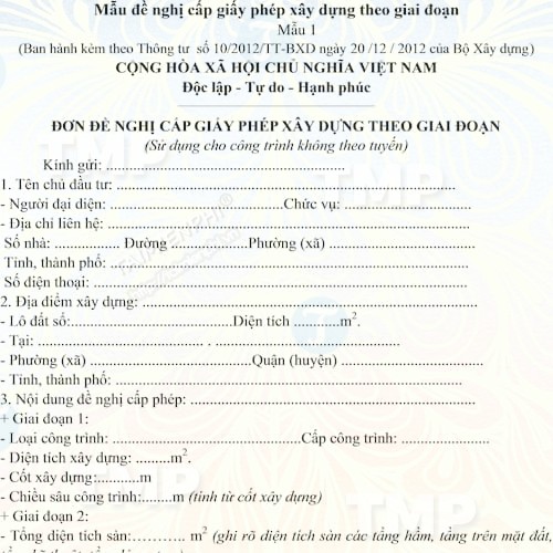 Mẫu đơn đề nghị cấp giấy phép xây dựng theo giai đoạn