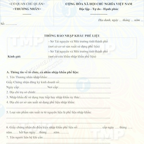 Mẫu thông báo nhập khẩu phế liệu