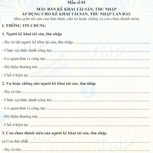 Mẫu bản kê khai tài sản, thu nhập lần đầu