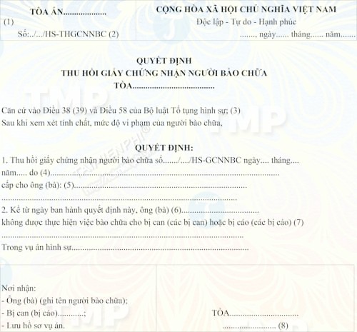 Quyết định thu hồi giấy chứng nhận bào chữa