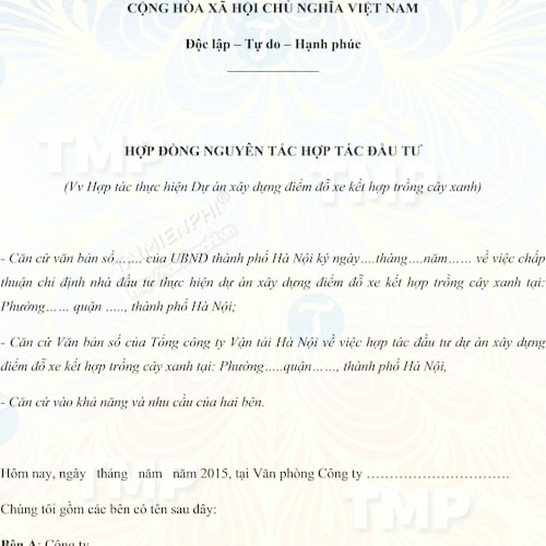 Mẫu hợp đồng nguyên tắc hợp tác đầu tư xây dựng bãi đỗ xe