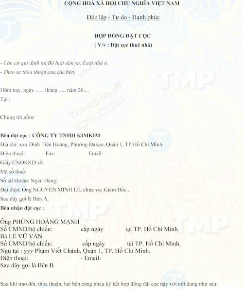 Hợp đồng đặt cọc tiền thuê nhà