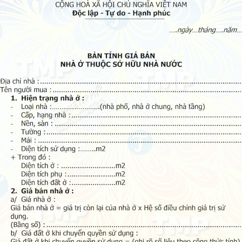 Bản tính giá bán nhà ở thuộc sở hữu Nhà nước
