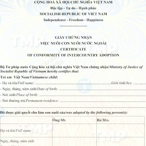 Mẫu giấy chứng nhận việc nuôi con nuôi nước ngoài