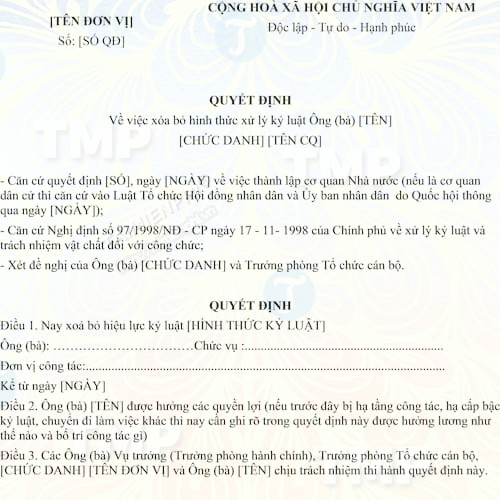 Mẫu quyết định xóa bỏ kỷ luật
