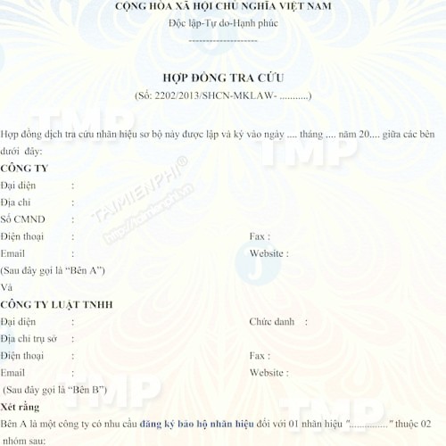 Mẫu hợp đồng tra cứu khả năng đăng ký bảo hộ nhãn hiệu