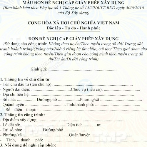 Đơn đề nghị cấp phép xây dựng