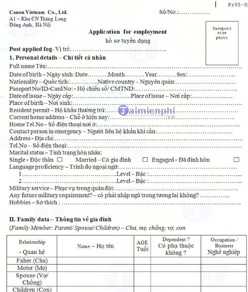 CV thi vào công ty Canon