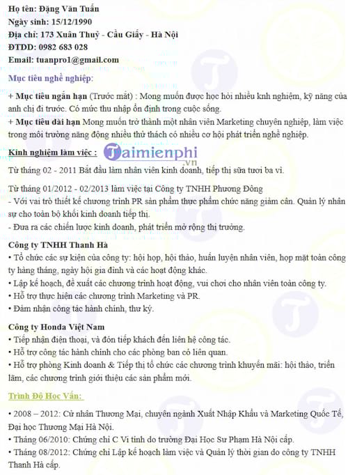 CV ứng viên kinh doanh