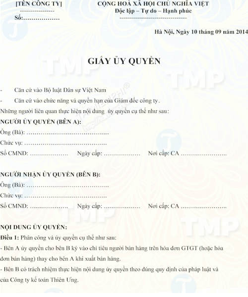 Giấy ủy quyền ký hóa đơn