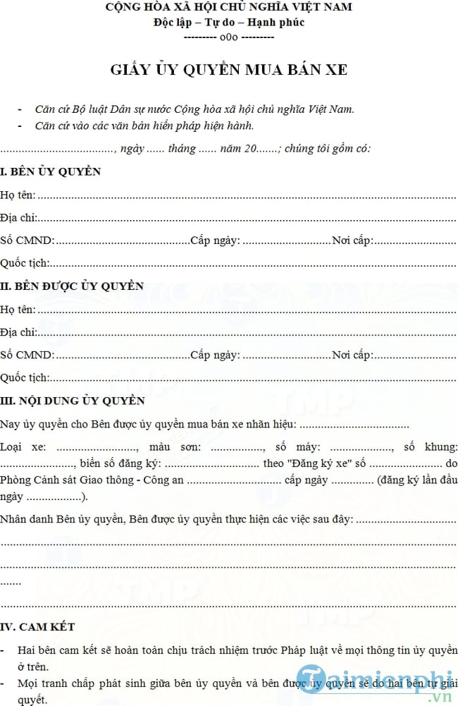 Giấy ủy quyền mua bán xe