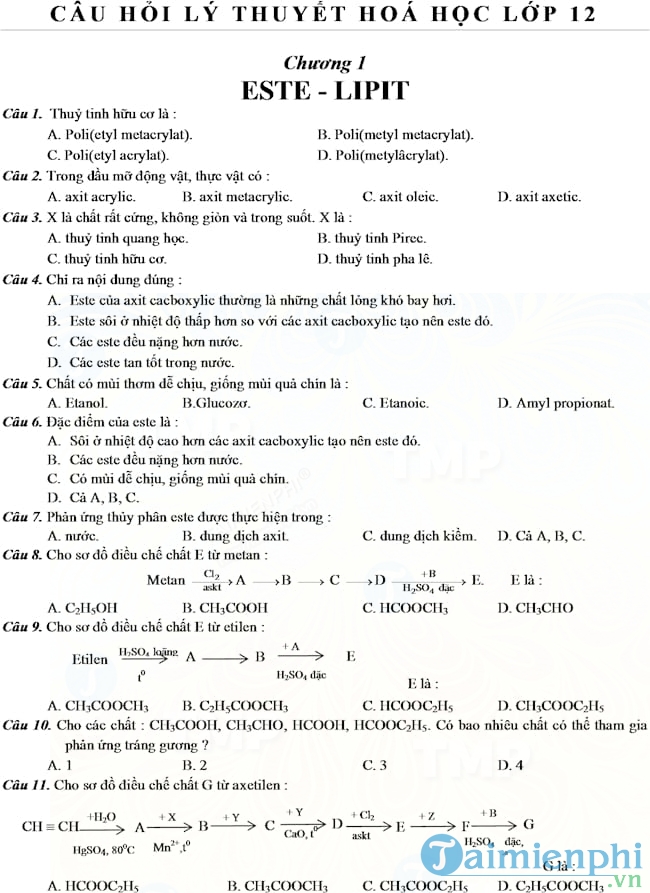 Câu hỏi lý thuyết Hóa học lớp 12