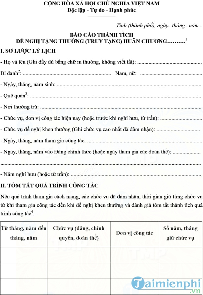 Mẫu báo cáo thành tích đề nghị tặng thưởng huân chương