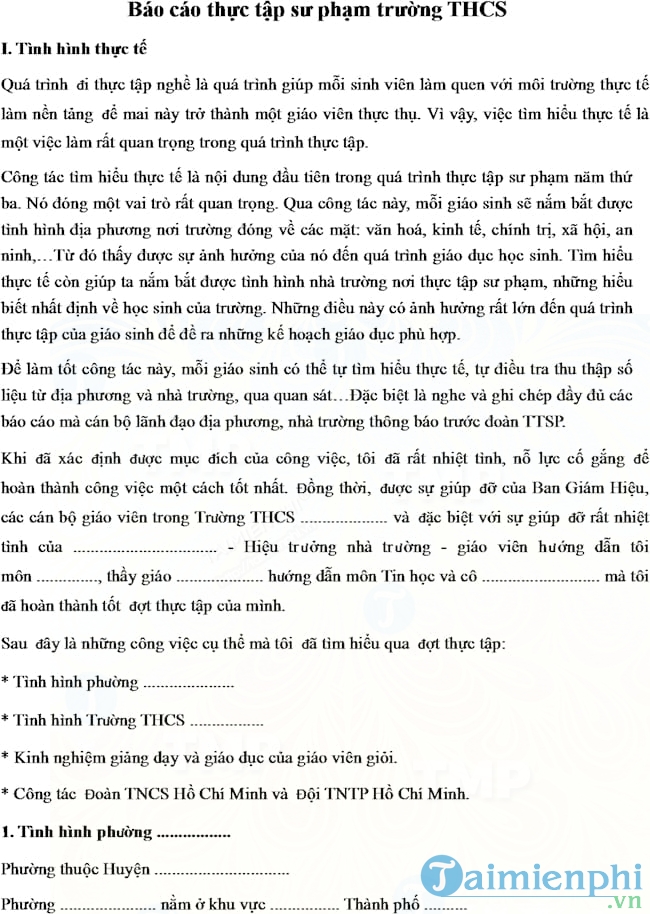 Mẫu báo cáo thực tập sư phạm THCS