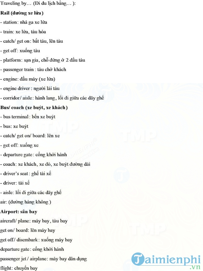 Từ vựng tiếng Anh chủ đề phương tiện du lịch