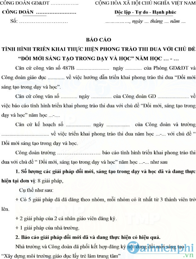 Mẫu báo cáo thực hiện nhiệm vụ đổi mới, sáng tạo trong dạy và học 2017 2018