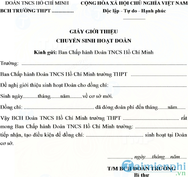 Mẫu giấy giới thiệu chuyển sinh hoạt đoàn