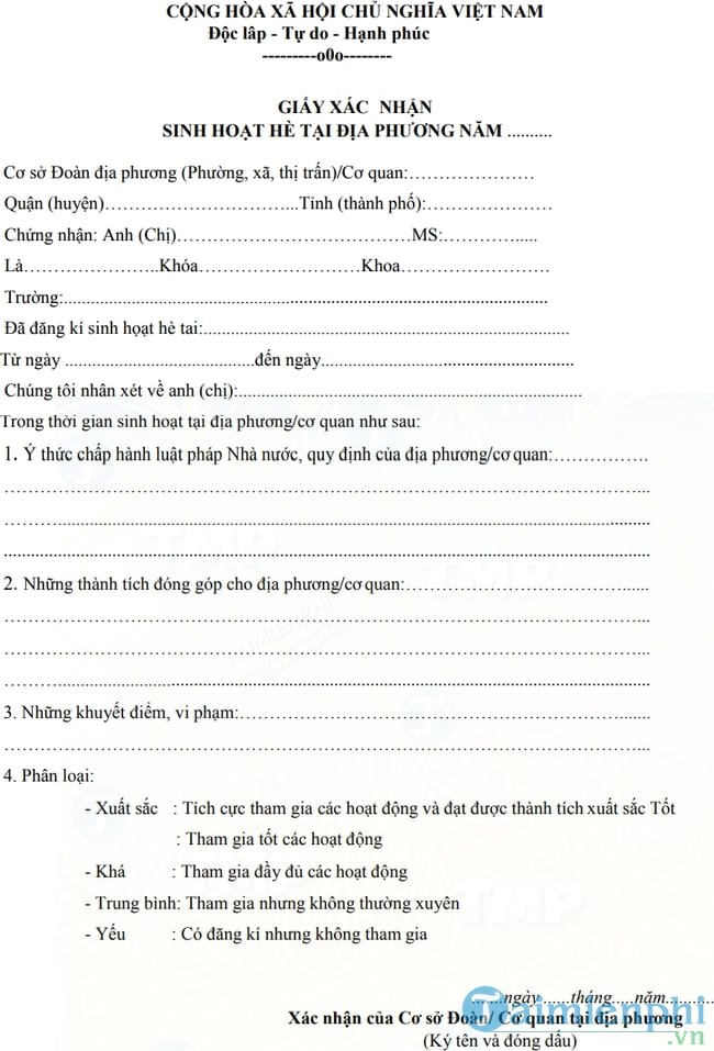 Giấy xác nhận sinh hoạt hè