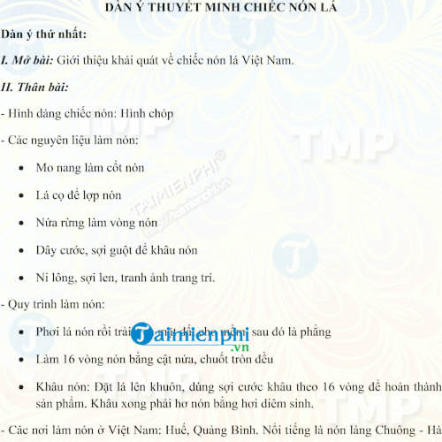 Dàn ý thuyết minh chiếc nón lá