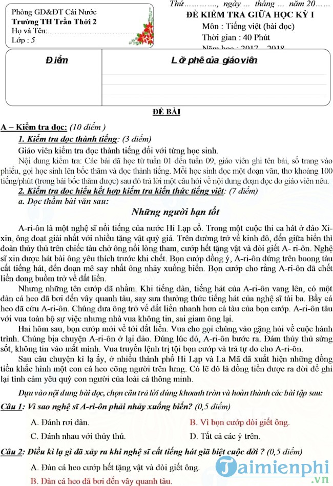 Đề thi giữa học kì 1 lớp 5 môn Tiếng Việt năm 2017 2018
