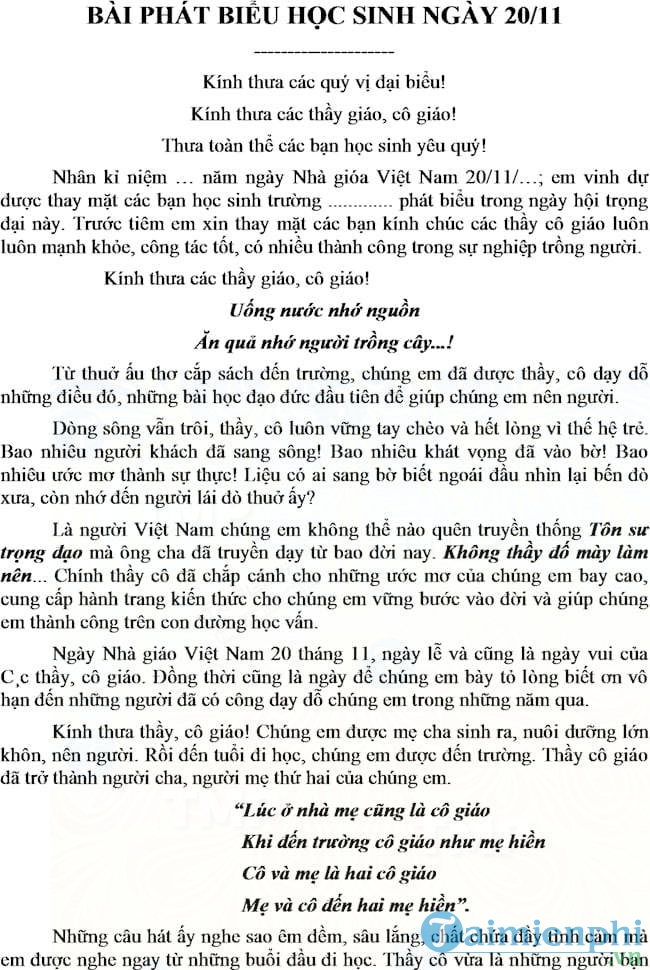 Bài phát biểu của học sinh ngày 20/11