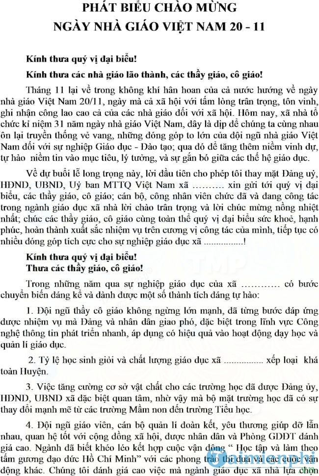 bai phat bieu cua lanh dao dia phuong ngay 20-11