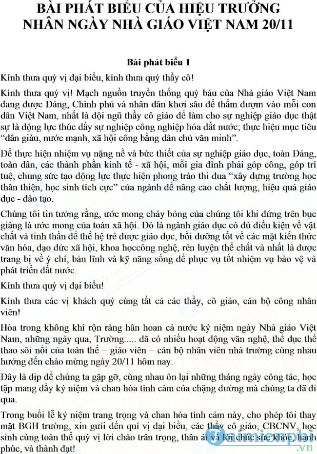 bai phat bieu cua hieu truong ngay 20/11